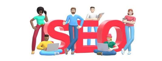 Word seo on white background. Group of young multicultural successful people with laptop, tablet, phone. Horizontal banner cartoon character and website slogan. 3D rendering. photo