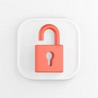 3D rendering of a white square icon button. Red open padlock Isolated on white background. photo