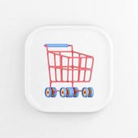 3d rendering square white button icon, red shopping cart on wheels, isolated on white background. photo