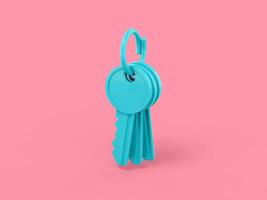 Pink mono color bunch of keys on a blue solid background. Minimalistic design object. 3d rendering icon ui ux interface element. photo