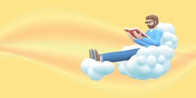 Literature fan a young guy with a beard in glasses in the sky on a cloud is reading a book. Funny, abstract cartoon people on a yellow background. 3D rendering. photo