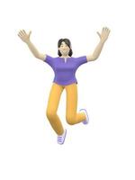 Personaje de representación 3d de una chica asiática saltando y bailando levantando las manos. gente feliz de dibujos animados, estudiante, hombre de negocios. la ilustración positiva está aislada en un fondo blanco. foto