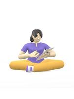 3D rendering character of an asian girl sitting in lotus position with a tablet. The concept of study, business, leader, startup. Positive illustration is isolated on a white background. photo