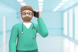 Man doctor in the medical interior of the hospital speaks on the phone, takes the call. Cartoon person. 3D rendering. photo