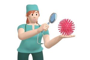 Girl young scientist doctor looks, studies the virus through a magnifier. SARS molecule funny and scary cartoon character. Stop disease, pandemic, flu, coronavirus white background. 3D rendering photo