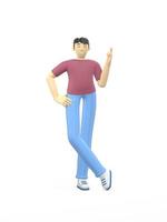 3D rendering character of an asian guy pointing finger up. Concept idea, direction, attention. Positive illustration is isolated on a white background. photo