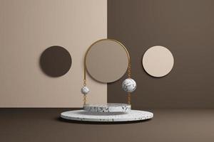 3D rendering abstract white marble product showcase. A pedestal in golden arch levitates in pastel brown interior amid three circles on wall divided into light and dark. Fashion catwalk simple shape. photo