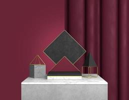 3D rendering abstract display showing a product. Blank square blackboard advertising black and red color on a white marble platform, simple geometric shapes on a background of red curtains. photo