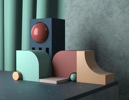 3D rendering abstract minimal pedestal showing a product. Composition of cubic shapes and a ball on background of the curtains and concrete wall. Dark, unusual design in blue, green, red and brown. photo