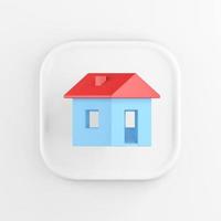 3D rendering square white button icon, blue house with red roof isolated on white background. photo