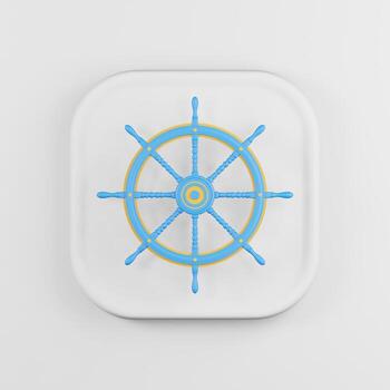 Blue steering wheel icon. 3d rendering white square button key, interface ui ux element. photo