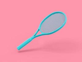 Blue one color tennis racket on pink flat background. Minimalistic design object. 3d rendering icon ui ux interface element. photo