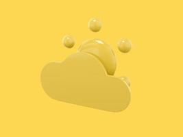 Yellow one color cartoon sun behind cloud half view on yellow flat background. Minimalistic design object. 3d rendering icon ui ux interface element. photo