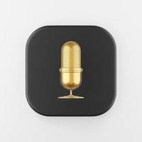 icono de micrófono dorado. Botón de tecla cuadrada negra de representación 3d, elemento ui ux de interfaz. foto