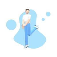 Positive character in colored clothes on an abstract stain background. A young cheerful guy runs, dances, jumps, levitates and flies. Funny cartoon people. 3D rendering. photo