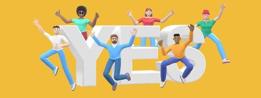 The word yes on a yellow background. Group of young multicultural happy people jump and dance together. Horizontal banner cartoon character and website slogan. 3D rendering. photo