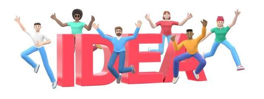 The word idea on a white background. Group of young multicultural happy people jump and dance together. Horizontal banner cartoon character and website slogan. 3D rendering. photo