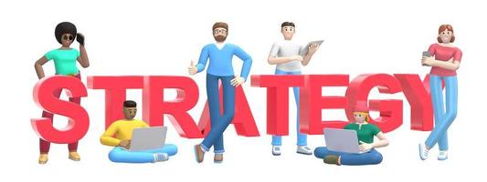 Group of young multiethnic successful people with laptop, tablet, phone and word strategy on white background. Horizontal banner cartoon character and text website slogan. 3D rendering. photo