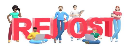 Word repost on white background. Group of young multicultural successful people with laptop, tablet, phone. Horizontal banner cartoon character and website slogan. 3D rendering. photo