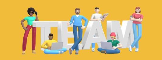 Group of young multiethnic successful people with laptop, tablet, phone and word team on yellow background. Horizontal banner cartoon character and text website slogan. 3D rendering. photo