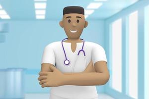 African man doctor in the medical interior of the hospital stands with hands clasped on chest. Cartoon person. 3D rendering. photo