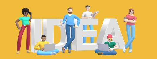 Group of young multiethnic successful people with laptop, tablet, phone and word idea on yellow background. Horizontal banner cartoon character and text website slogan. 3D rendering. photo