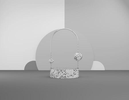3D rendering abstract display product. Marble podium with a shiny silver arch and chains, decorative round elements of different tones of pastel white, gray. Luxury winner concept for social network. photo