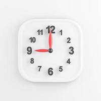 3D rendering square white button icon, modern wall clock isolated on white background. photo