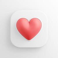 Red realistic heart icon, square white button. 3d rendering. photo