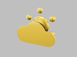 Golden one color cartoon sun behind cloud half view on gray flat background. Minimalistic design object. 3d rendering icon ui ux interface element. photo