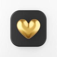 icono de corazón dorado realista. Botón de tecla cuadrada negra de representación 3d, elemento ui ux de interfaz. foto