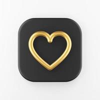 Gold heart contour line icon. 3d rendering black square key button, interface ui ux element. photo