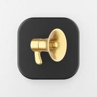 Golden megaphone icon in cartoon style. 3d rendering black square key button, interface ui ux element. photo