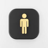 icono de hombre dorado de contorno plano minimalista. Botón de tecla cuadrada negra de representación 3d, elemento ui ux de interfaz. foto