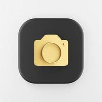 Gold photo camera icon in flat style. 3d rendering black square button key, interface ui ux element.
