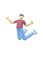 3D rendering character of an Asian guy jumping and dancing holding his hands up. Happy cartoon people, student, businessman. Positive illustration is isolated on a white background. photo