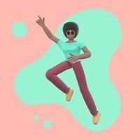 Positive character in colored clothes on an abstract stain background. A young cheerful African girl runs, dances, jumps, levitates and flies. Funny cartoon people. 3D rendering. photo