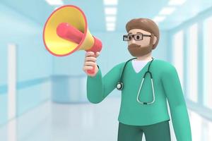 Male doctor in medical interior hospital is shouting, shouting, speaking megaphone, attention, warning. Cartoon person. 3D rendering. photo