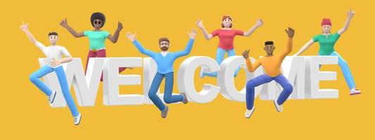 The word welcome on a yellow background. Group of young multicultural happy people jump and dance together. Horizontal banner cartoon character and website slogan. 3D rendering. photo