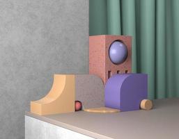 3D rendering abstract podium product. Interior of cubes, ball and platform on background fabric and concrete wall. Unusual background gray, green, coral and purple. Minimal geometric layout, backdrop. photo