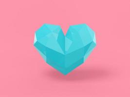 Low poly blue mono color heart on pink solid background. Minimalistic design object. 3d rendering icon ui ux interface element. photo