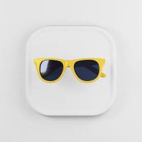 Yellow-framed sunglasses icon. 3d rendering white square button key, interface ui ux element. photo