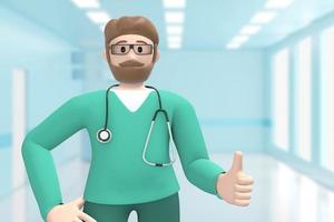 Man doctor in the medical interior of the hospital thumb up. Like, good, success. Cartoon person. 3D rendering. photo