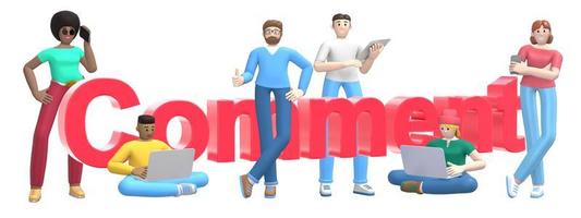 Word comment on white background. Group of young multicultural successful people with laptop, tablet, phone. Horizontal banner cartoon character and website slogan. 3D rendering. photo