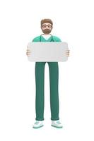 Medical character Young white man doctor holding a blank board for copy space. Cartoon person isolated on a white background. 3D rendering. photo