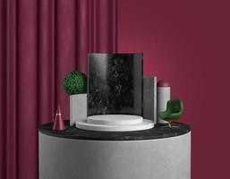 3D rendering abstract podium product. Concrete cylinder with black marble board, white steps, simple geometric elements, a green armchair and tree on background of red curtains. Bright concept mockup. photo