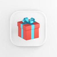 3D rendering square white button icon, red gift with blue bow isolated on white background. photo