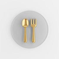 Golden fork and spoon icon in cartoon style. 3d rendering gray round button key, interface ux ui element. photo