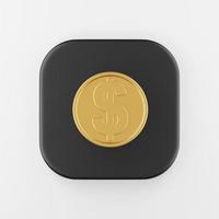 Dollar gold coin icon in cartoon style. 3d rendering black square button key, interface ui ux element. photo