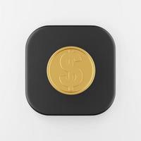 icono de moneda de oro de dólar en estilo de dibujos animados. Tecla de botón cuadrado negro de representación 3d, elemento ui ux de interfaz. foto